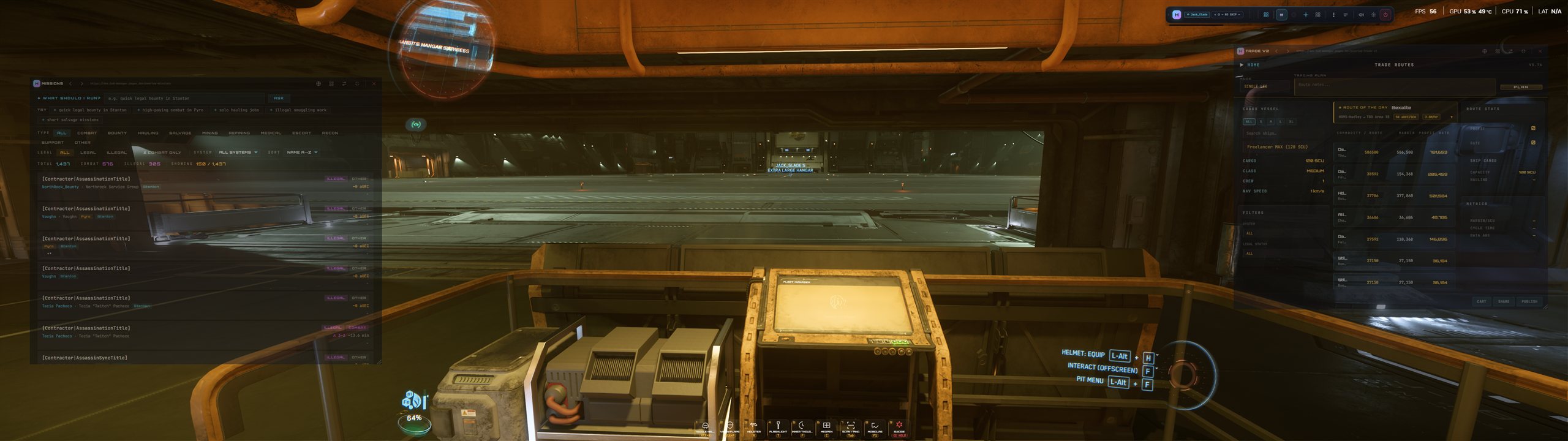 H.U.D Manager overlay live in the Star Citizen cockpit — missions, trade routes and context hotbar