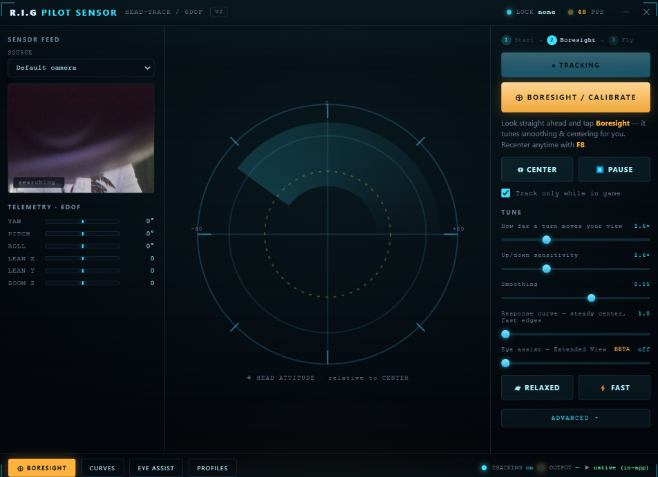 Head tracking overlay showing live 6DOF pilot sensor readouts