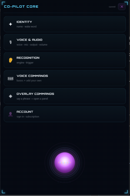 Voice recognition Co-Pilot Core settings and mic