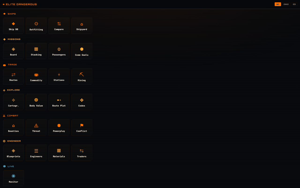 Elite Dangerous command hub with ships, missions, trade, exploration, combat and engineer tool decks