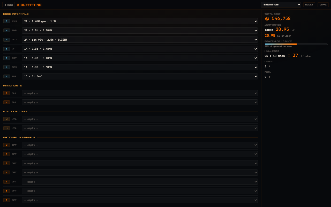 Elite Dangerous outfitting bay with module slots, jump range and power draw